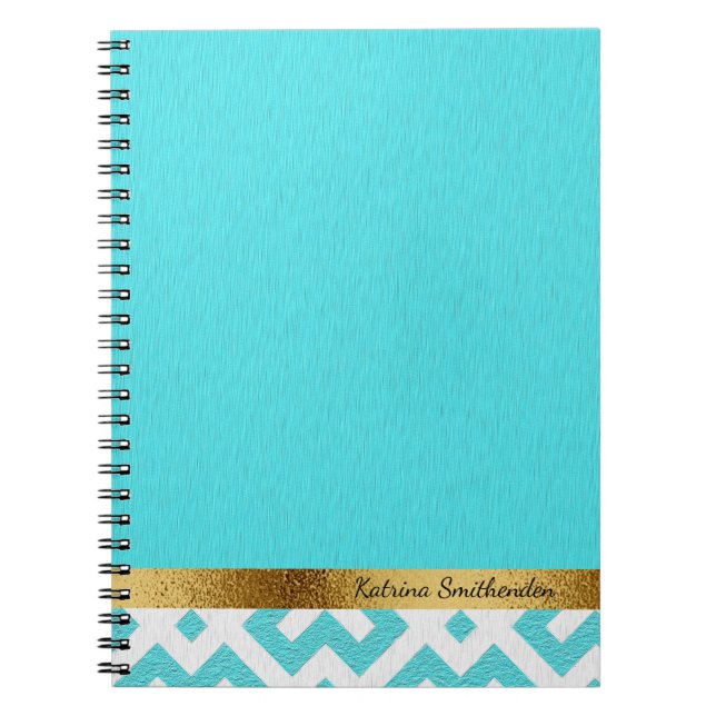 Caderno Espiral Geométrico Azul e Branco Personalizado e Dourado (Frente)