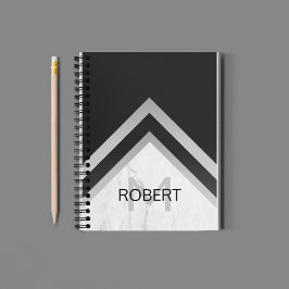 Caderno Espiral Geométrico de Chevron Monogramado Preto Mármore Pr