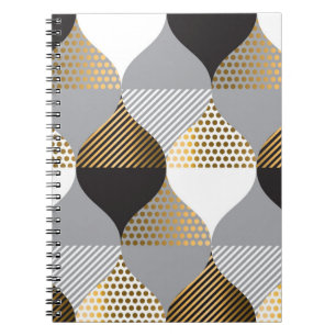 Caderno Espiral Geométrico do luxo: preto, padrão dourado