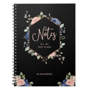Caderno Espiral Geométrico Dourado   cor-de-rosa floral preto