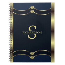 Caderno Espiral Geométrico Dourado E Azul Marinho Monograma