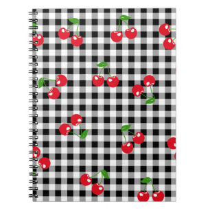 Caderno Espiral Gingham Branco Preto, Cereja Cura-Chic
