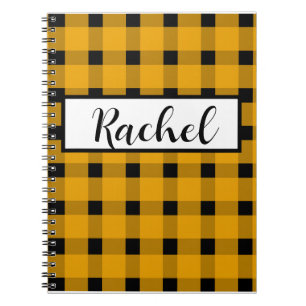 Caderno Espiral Gingham Preto Amarelo Personalizado