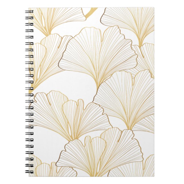 Caderno Espiral Ginkgo Dourado: Esquema de Folha Luxuosa (Frente)