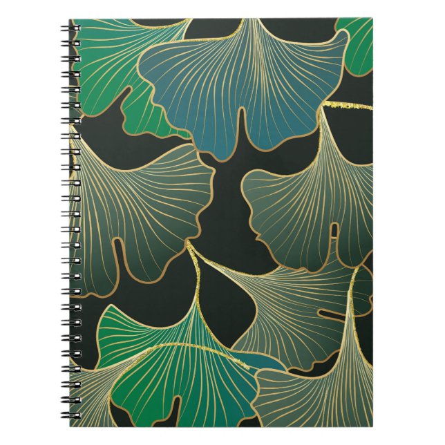 Caderno Espiral Ginkgo dourado luxuoso, arte vintage. (Frente)