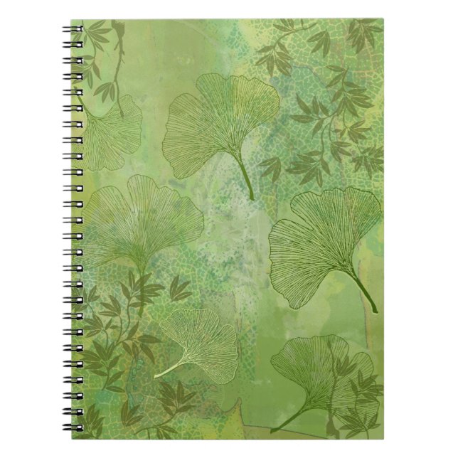 Caderno Espiral Ginkgo e Folhas de Bambu - Cores Verdes (Frente)