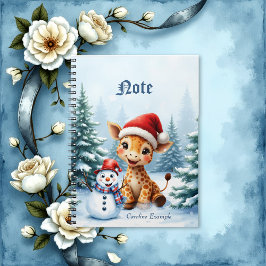 Caderno Espiral Girafa de Cartoon Bonita com Santa Hat e Snowman