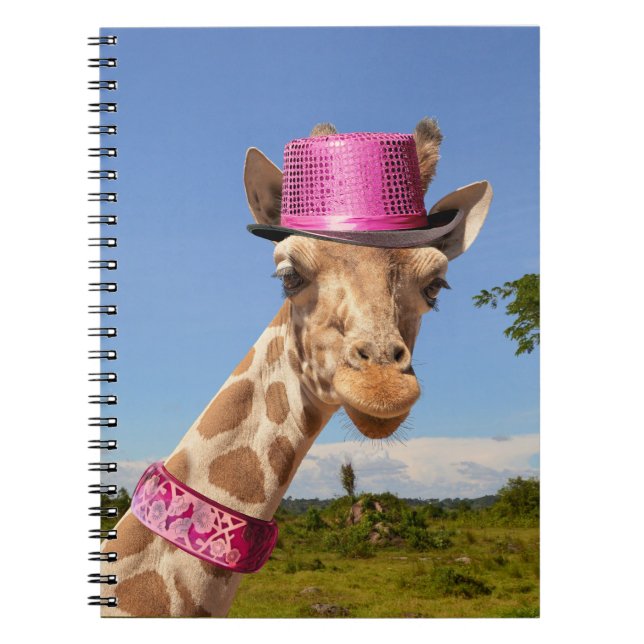 Caderno Espiral Girafa de chapéu cor-de-rosa brilhante (Frente)
