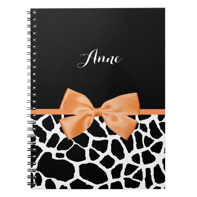 Caderno Espiral Girafa Impressão Orange Ribbon Arco com Nome (Frente)