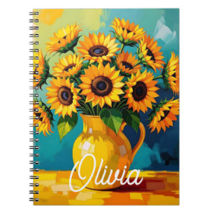Caderno Espiral Girassóis Amarelos em um vaso amarelo personalizad