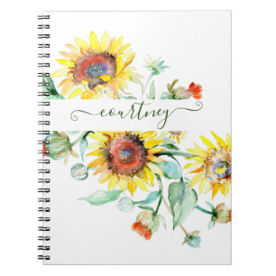 Caderno Espiral Girassóis aquarela personalizados   