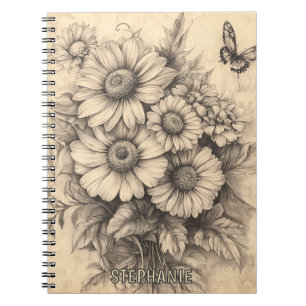 Caderno Espiral Girassóis e borboletas - Papel de Envelhecimento R