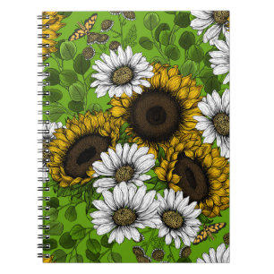 Caderno Espiral Girassóis e margaridas, jardim de verão