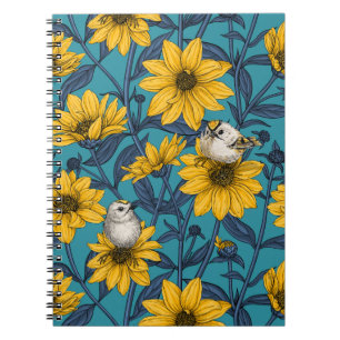 Caderno Espiral Girassóis selvagens e aves douradas/amarelas