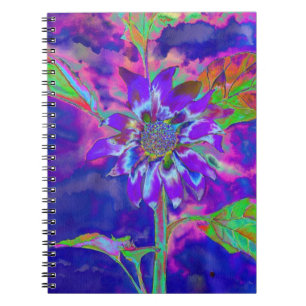 Caderno Espiral girassol azul-abstrato   retro funky