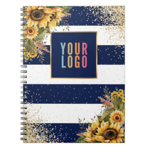 Caderno Espiral Girassol Azul Marinho Dourado Logotipo Promocional