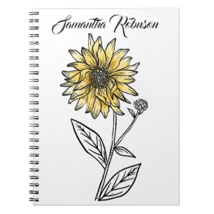 Caderno Espiral Girassol de linha estética de aquarela botânica