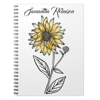 Caderno Espiral Girassol de linha estética de aquarela botânica