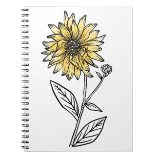 Caderno Espiral Girassol de linha estética de aquarela botânica