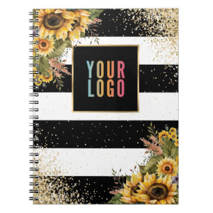 Caderno Espiral Girassol Logotipo Ouro Preto Promocional Empresari