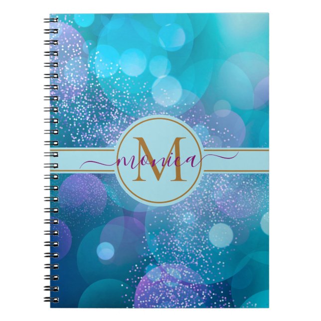 Caderno Espiral Girly Aqua Blue Bokeh Dourado Glitter Monographic  (Frente)