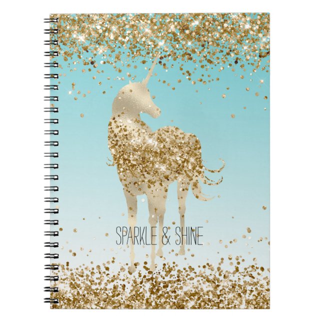 Caderno Espiral Girly Aqua Dourada Confetti Glitter Unicorn (Frente)