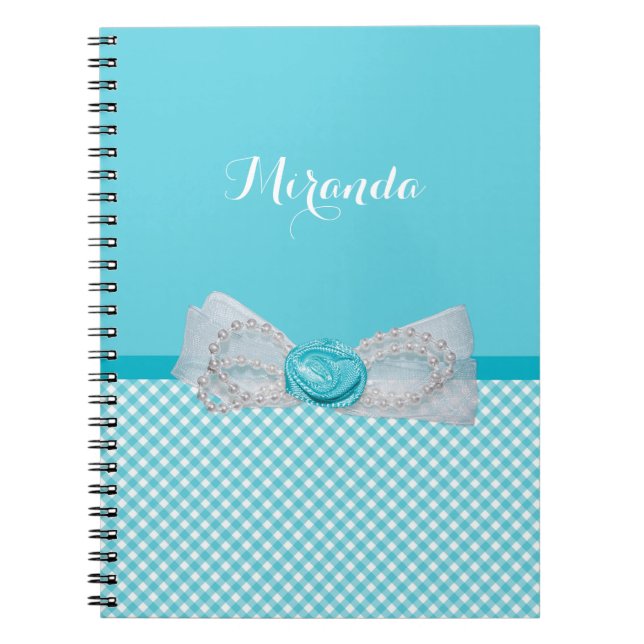Caderno Espiral Girly Aqua Gingham Cute Pearls Rosa Arco Com Nome (Frente)