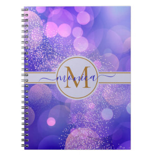 Caderno Espiral Girly Blue Bokeh Dourado Glitter Monographic Name