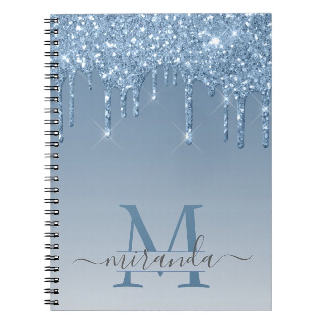 Caderno Espiral Girly Blue Glitter Drives Ombre Monograma (Frente)