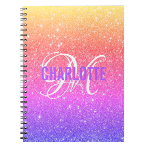 Caderno Espiral Girly Colorful Rainbow Glitter Monographic Name