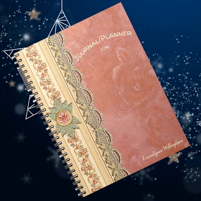 Caderno Espiral Girly Coral Rosa Ivory Champagne Lace Seu Nome (Criador carregado)