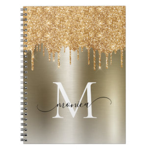 Caderno Espiral Girly Gold Dripping Glitter Monogram Name