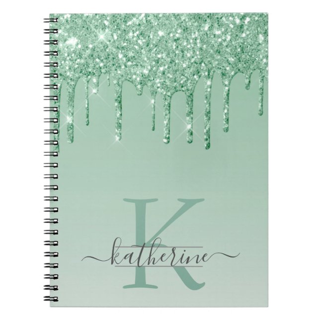 Caderno Espiral Girly Mint Green Glitter Drives Monogramados (Frente)