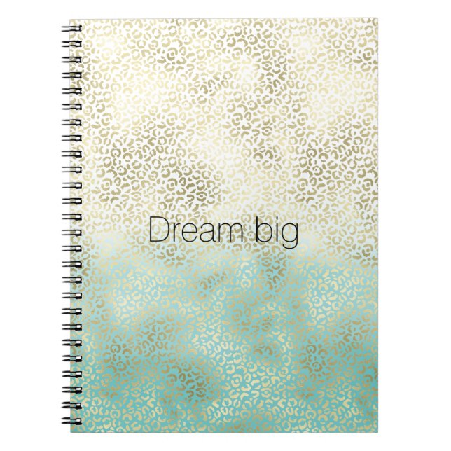 Caderno Espiral Girly Mint Watercolor Ombre Dourado Leopard Print (Frente)