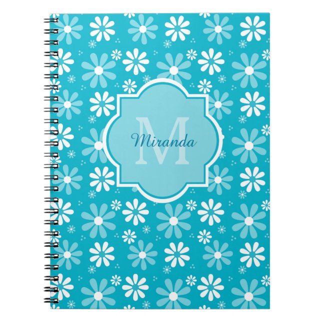 Caderno Espiral Girly Monogramas Turquoise Daisy Flowers Com Nome (Frente)