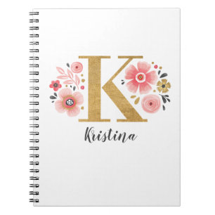 Caderno Espiral Girly Pink Monograma Floral - Letra K
