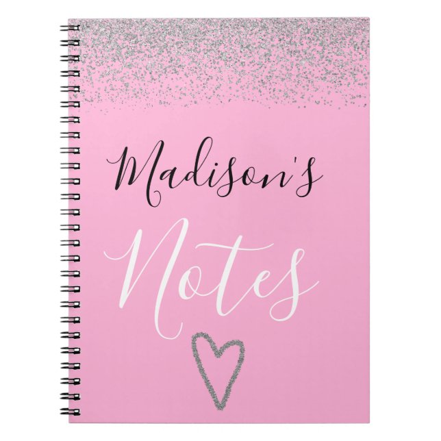 Caderno Espiral Girly Pink & Silver Glitter Espalha Notas do Coraç (Frente)