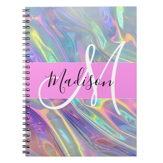 Caderno Espiral Girly Rainbow Holographic Nome do Monograma Irides (Frente)