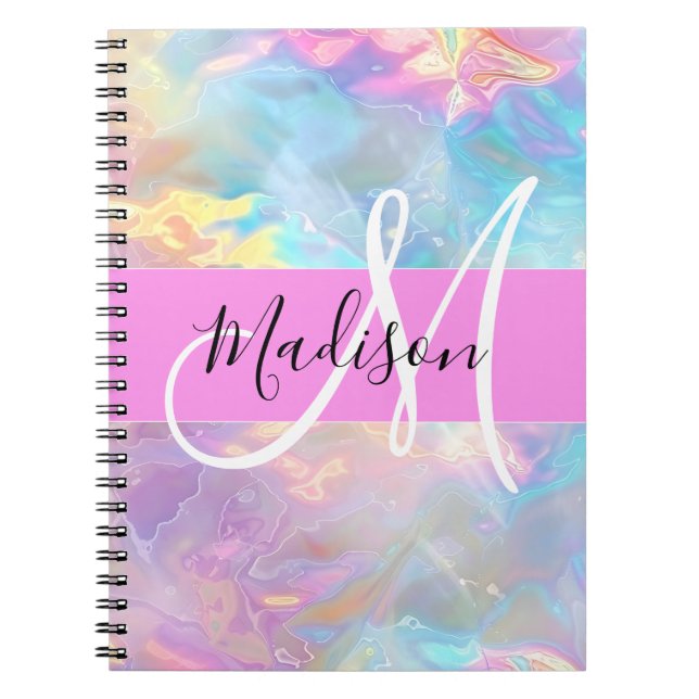 Caderno Espiral Girly Rainbow Holographic Nome do Monograma Irides (Frente)