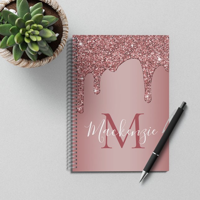 Caderno Espiral Girly Rosa Dourado Sparkle Glitter Drives Monogram (Criador carregado)