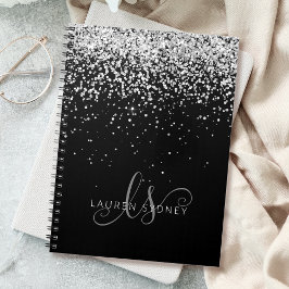 Caderno Espiral Glam Black Silver Glitter Monograma
