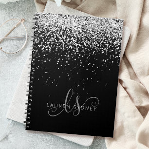 Caderno Espiral Glam Black Silver Glitter Monograma