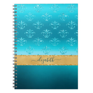 Caderno Espiral Glam Elegante Turquesa Dourado Glitter Personaliza
