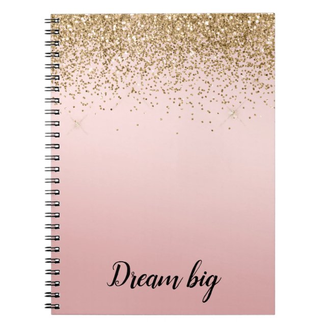 Caderno Espiral Glam Glitzy Brilhante Dourado Mole Rosa Glitter (Frente)