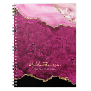 Caderno Espiral Glam Rosa Magenta Veludo Ágata Geodo Dourado Scrip