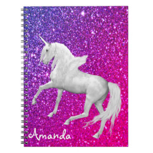 Caderno Espiral Glam roxo, rosa, unicórnio branco personalizado