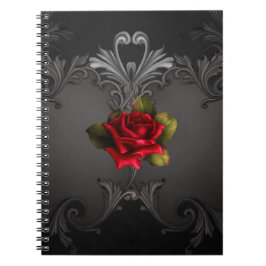 Caderno Espiral Glamor Gótico Rosa vermelha Grelha Ornamental Negr
