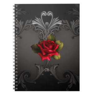 Caderno Espiral Glamor Gótico Rosa vermelha Grelha Ornamental Negr