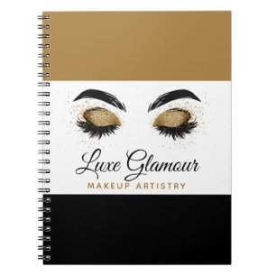 Caderno Espiral Glamorous Dourado Olhos Lashes Makeup Artist BeauB