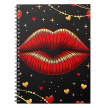 Caderno Espiral Glamour Lábios Vermelhos e Dourado